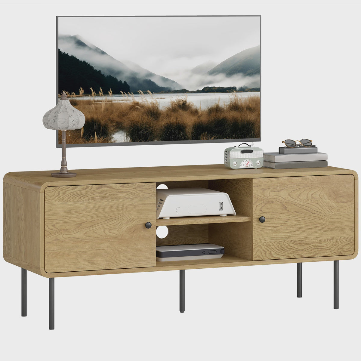Moderne TV Meubel 120cm Eikenhout Look met Afgeronde Hoeken en Kabelmanagement - Geschikt voor TV's tot 55 Inch