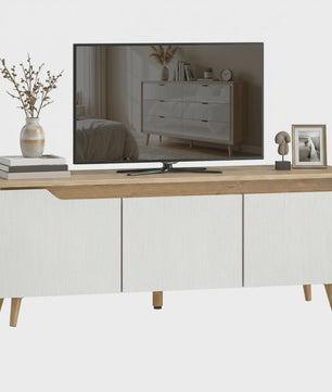 Moderne TV Meubel met 3 Deuren - 120cm Breed - Eiken & Wit