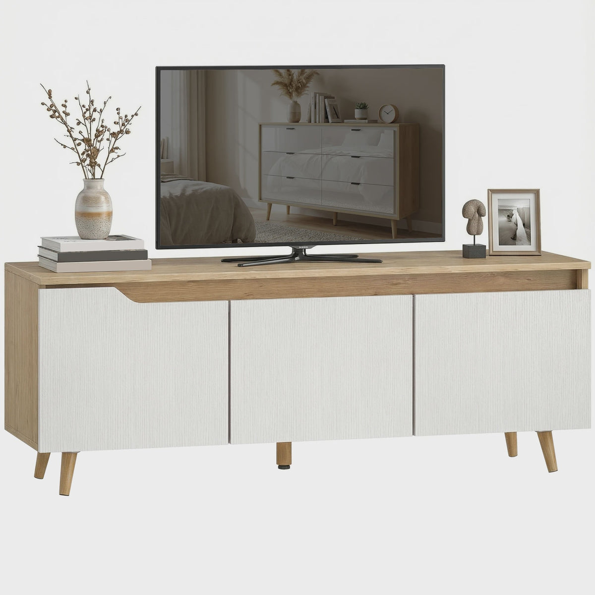 Moderne TV Meubel met 3 Deuren - 120cm Breed - Eiken & Wit