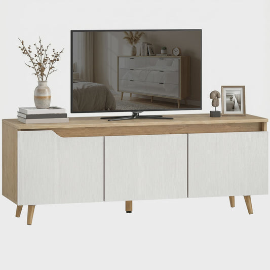 Moderne TV Meubel met 3 Deuren - 120cm Breed - Eiken & Wit
