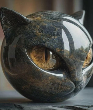 Decoratieve Zwarte Kat Steen Beeldje - Marmerlook Kattenkop voor Kantoor of Cadeau
