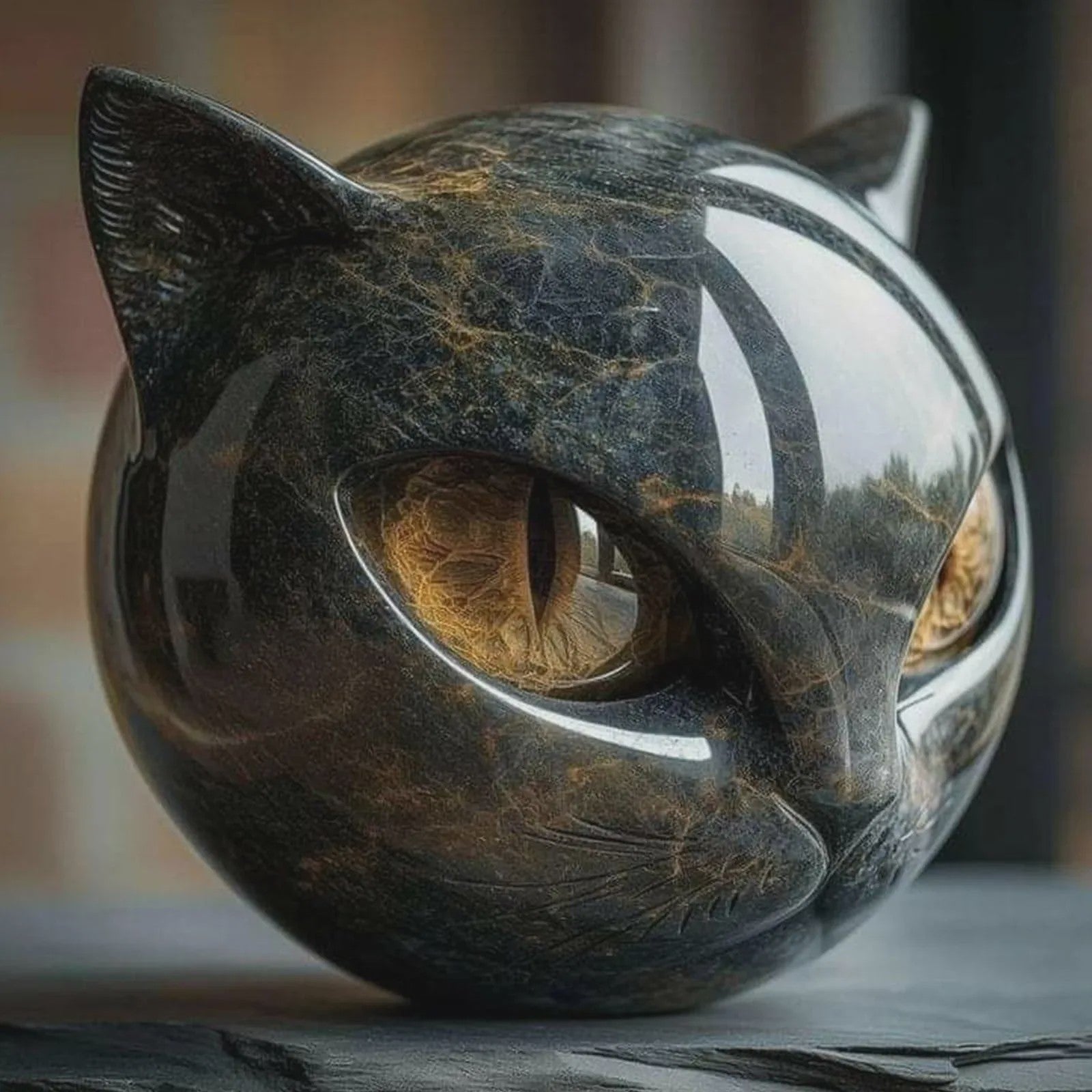 Decoratieve Zwarte Kat Steen Beeldje - Marmerlook Kattenkop voor Kantoor of Cadeau