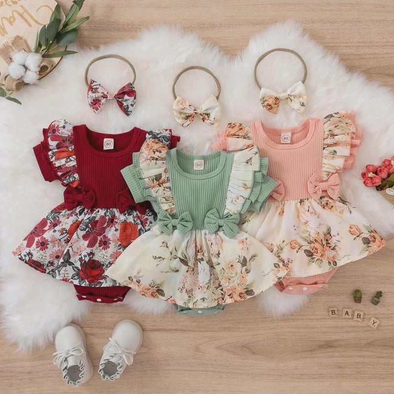 Zomerse Baby Jurk Romper met Strikjes en Bloemenprint - Katoen
