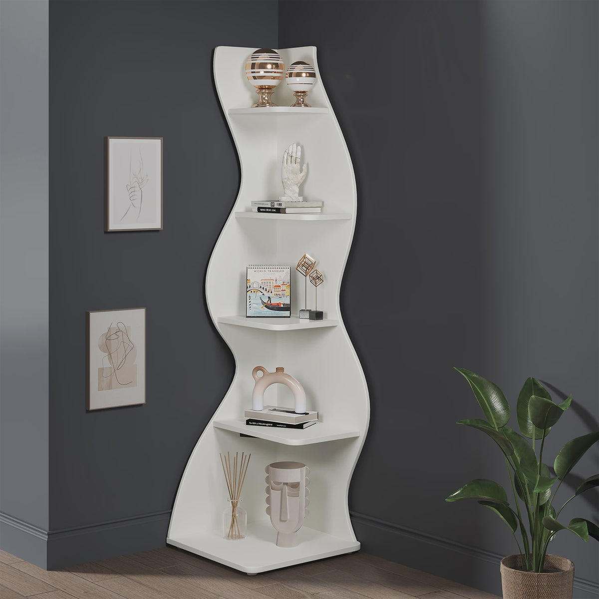 Stijlvolle Golvende Hoekboekenkast met 5 Niveaus - Ruimtebesparend en Decoratief