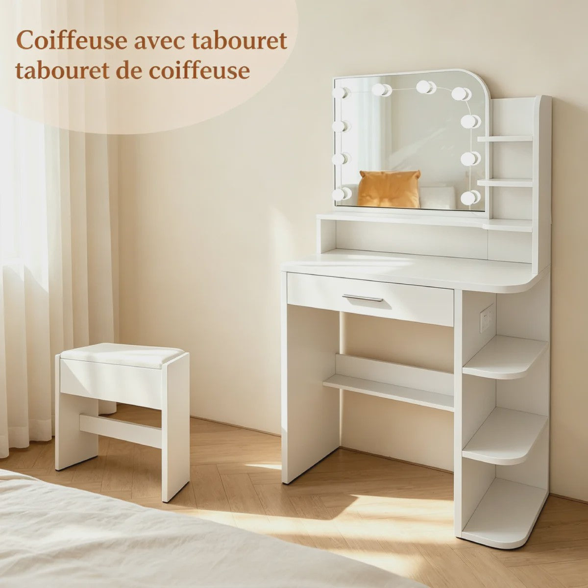 Kaptafel met Verlichte Spiegel, Lade, Haken en Ingebouwde Oplaadstation - Ideaal voor Kleine Appartementen