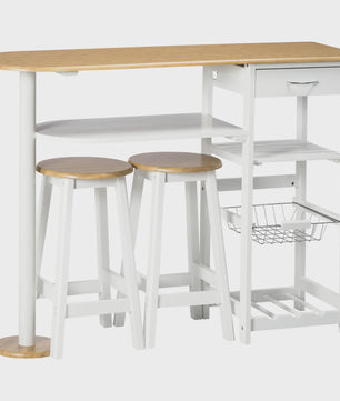 Bartafel Set met 2 Krukjes, Lade, Planken, Mand en Flessenrek - Wit