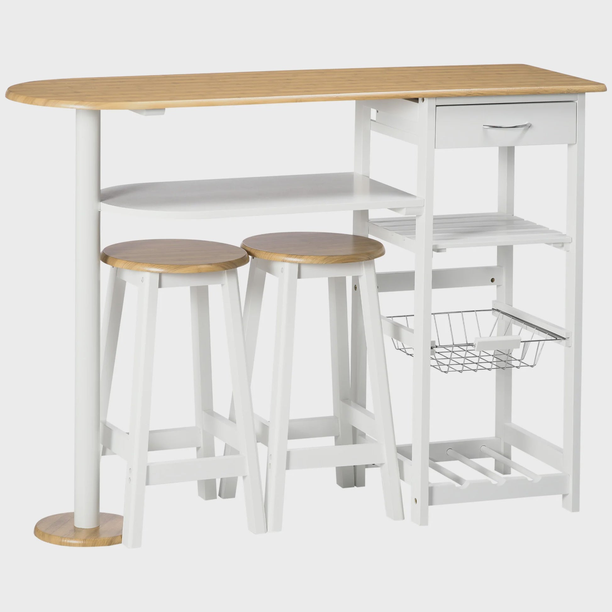 Bartafel Set met 2 Krukjes, Lade, Planken, Mand en Flessenrek - Wit