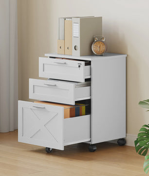 Mobiel Houten Archiefkastje met 3 Lades en Slot - Onder Bureau Ladeblok op Wielen