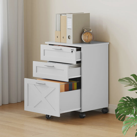 Mobiel Houten Archiefkastje met 3 Lades en Slot - Onder Bureau Ladeblok op Wielen
