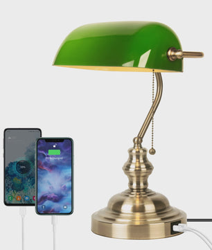 Groene Bankierslamp met 2 USB-poorten en Messing Voet - Klassiek Design, Moderne Functionaliteit