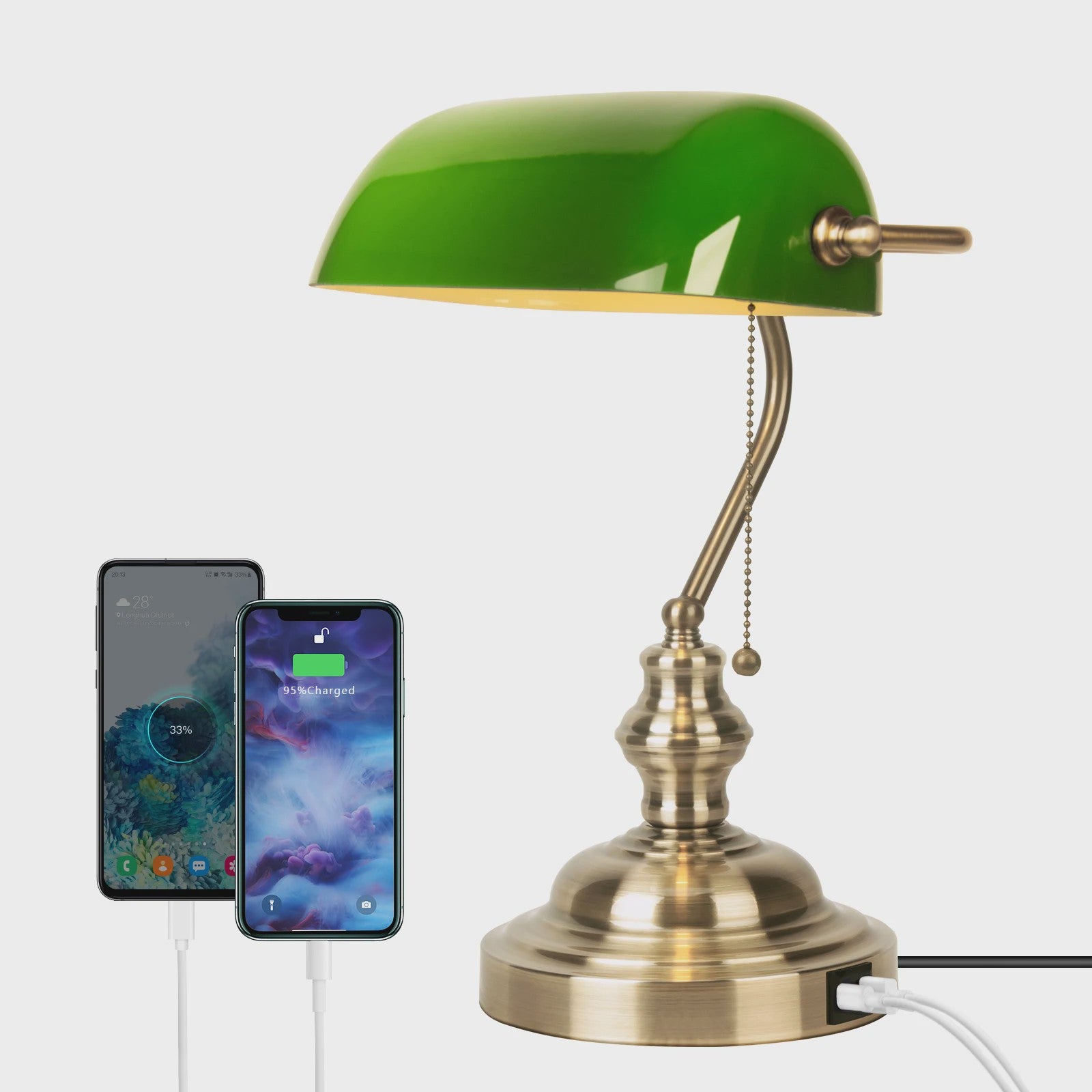 Groene Bankierslamp met 2 USB-poorten en Messing Voet - Klassiek Design, Moderne Functionaliteit