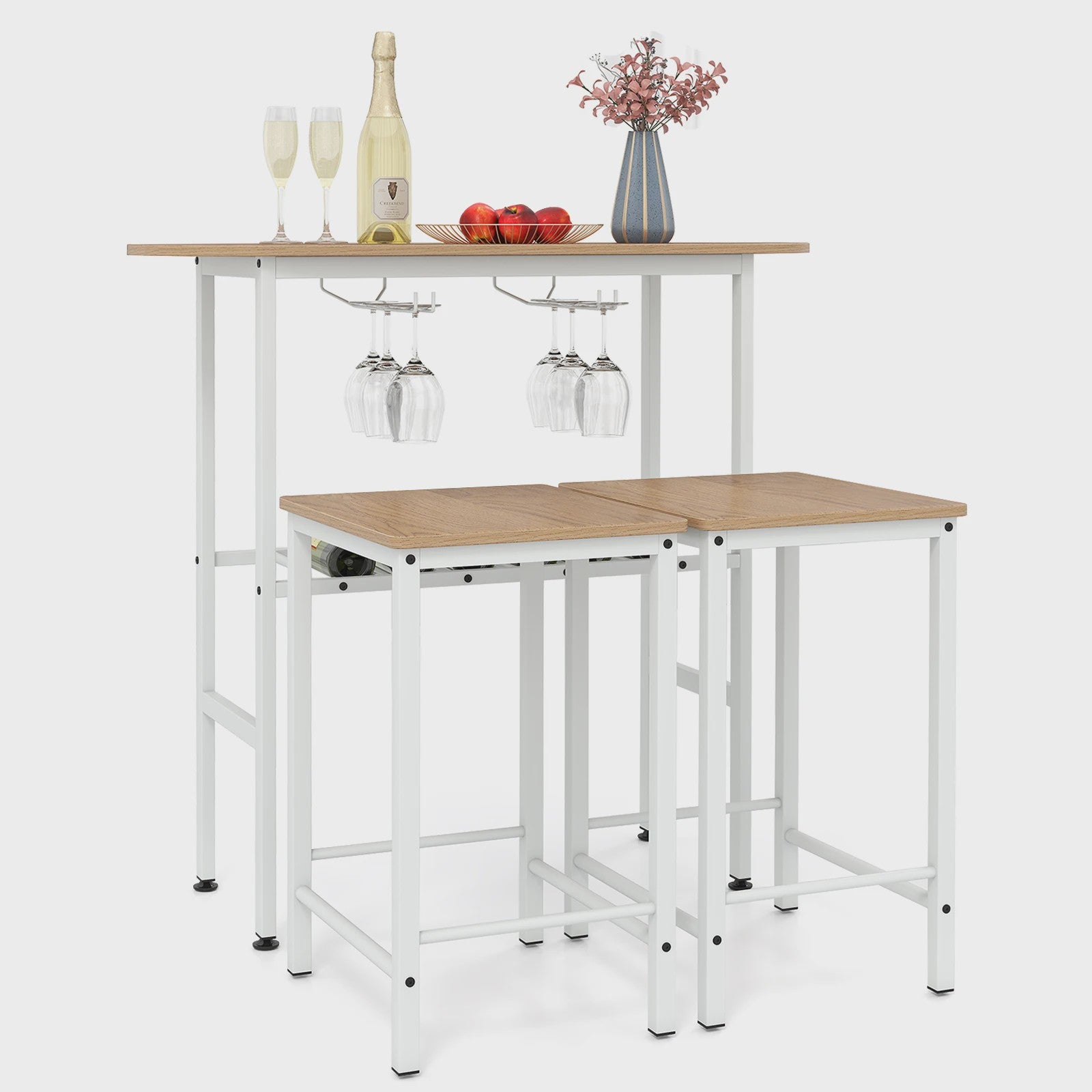Compacte Bartafel Set met 2 Barkrukken, Wijnglashouders en Flessenrek - Ideaal voor Keuken of Eethoek