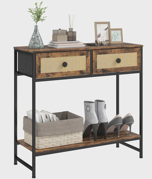 Sfeervolle Console Tafel met Open Plank en 2 Rotan Lades - Rustiek Bruin 80x30x75 cm