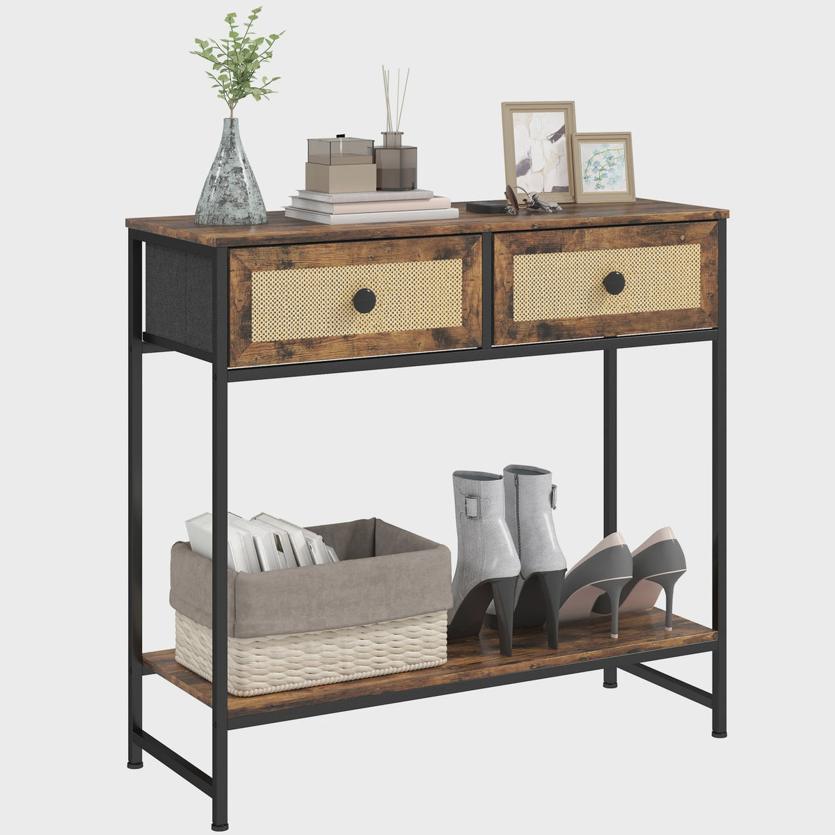 Sfeervolle Console Tafel met Open Plank en 2 Rotan Lades - Rustiek Bruin 80x30x75 cm