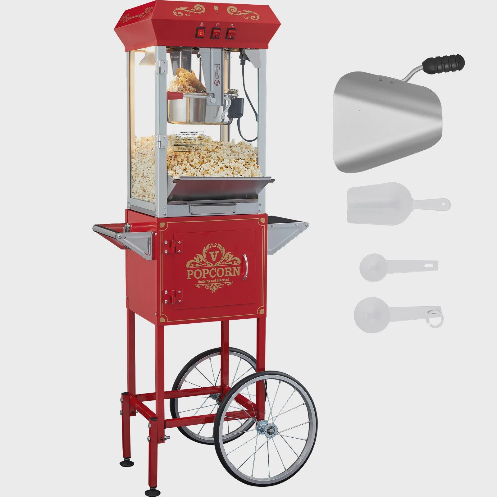 Professionele Popcorn Machine met Kar - 8oz Ketel, 48 Cups per Batch, Gehard Glas