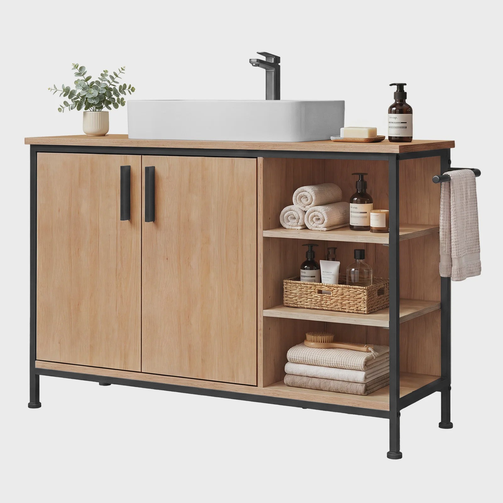 EUGAD Onderbouw Wastafelmeubel met Handdoekhouder - 90x30x60 cm - Houtkleur