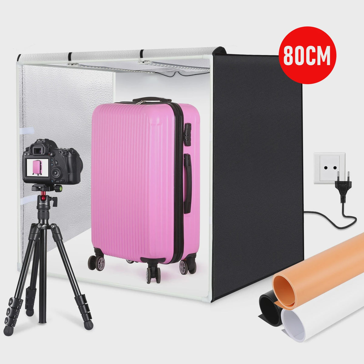 80cm Fotostudio Lightbox Kit met 3 Kleuren Achtergronden & 80W Verlichting