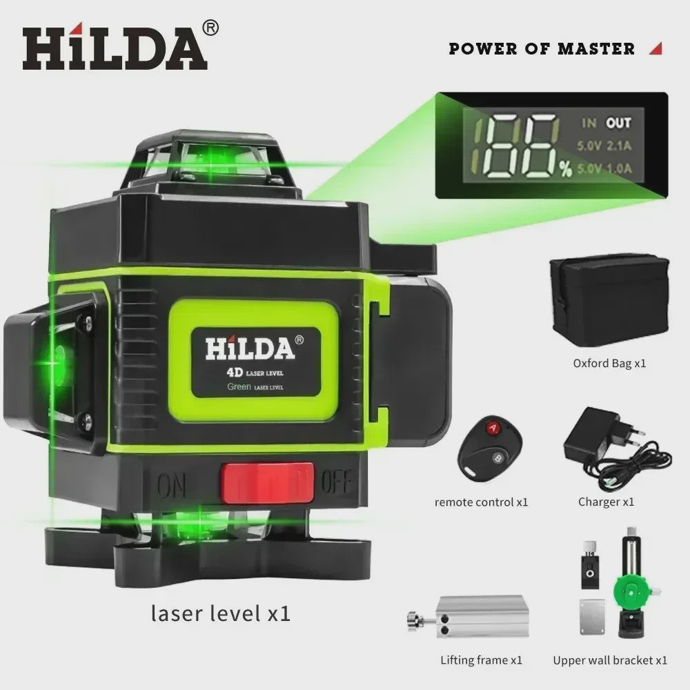 HILDA 16/12 Lijnen Groene Laserwaterpas Zelfnivellerend 360° Horizontaal & Verticaal