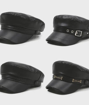 Klassieke Zwarte PU Lederen Baret met Vizier - Retro Stijl Pet voor Dames
