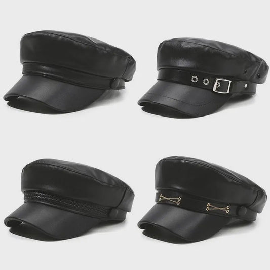 Klassieke Zwarte PU Lederen Baret met Vizier - Retro Stijl Pet voor Dames