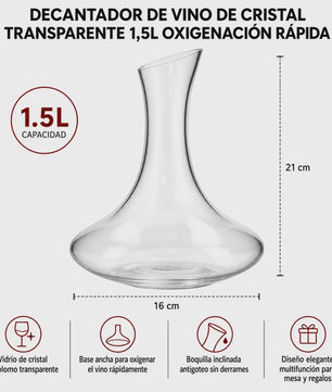 1.5L Glazen Wijnkaraf met Brede Basis voor Snelle Oxygenatie en Anti-Druip Tuit