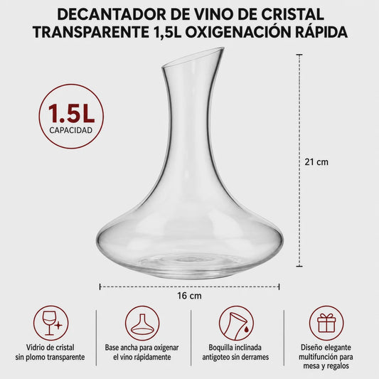 1.5L Glazen Wijnkaraf met Brede Basis voor Snelle Oxygenatie en Anti-Druip Tuit