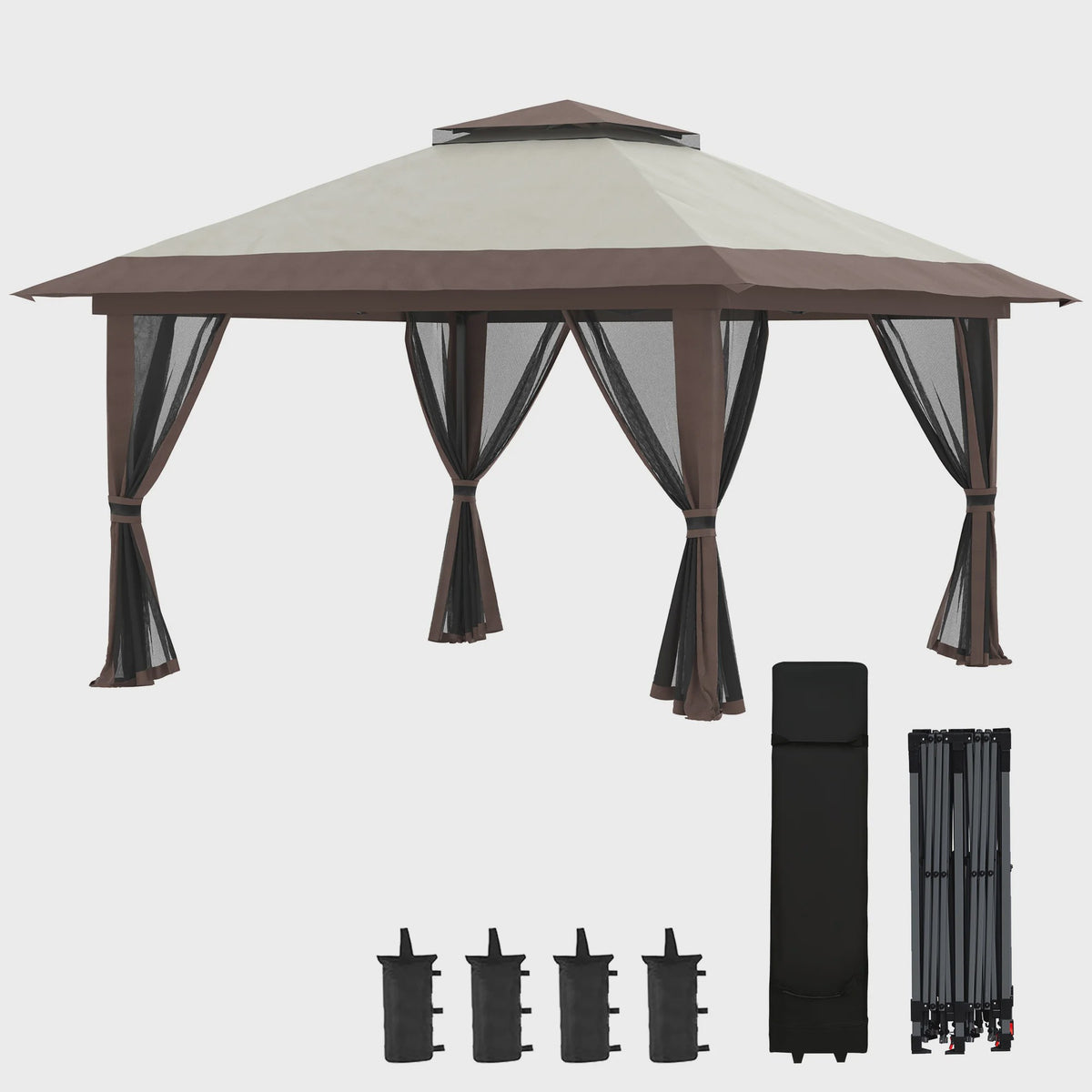 Outsunny Pop-Up Tonnelle 4x4m Beige - Dubbel Dak, UV-bescherming 50+ & Muggennetten