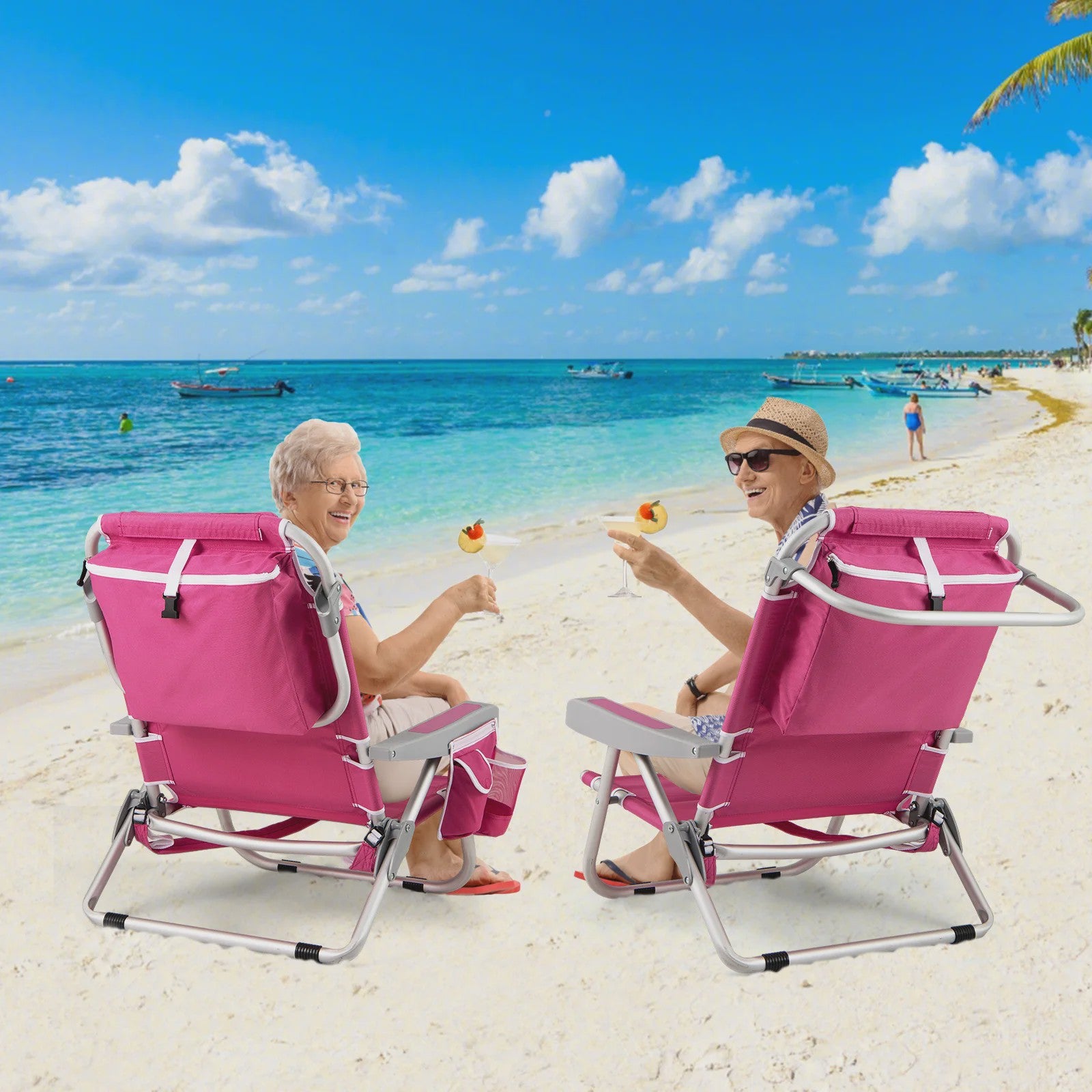 Verstelbare Strandstoel met Hoofdkussen en Opbergvakken - Opvouwbaar & Draagbaar