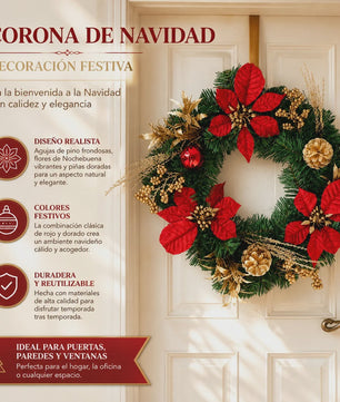 Kunstkerstkrans Rood met Poinsettia & Gouden Dennenappels - 45/55cm