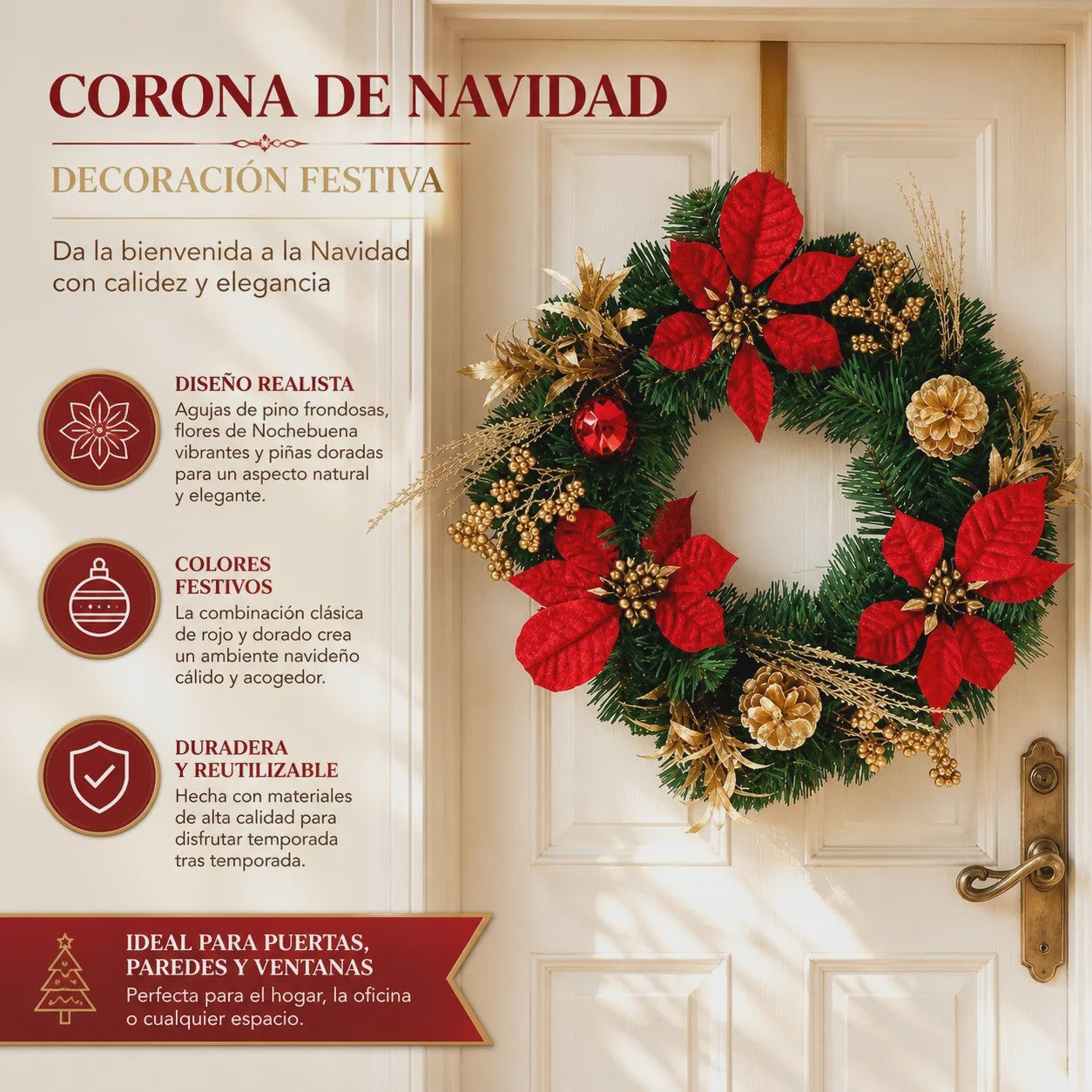 Kunstkerstkrans Rood met Poinsettia & Gouden Dennenappels - 45/55cm