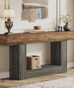 Lange Console Tafel 63 Inch - Farmhouse Entree Tafel met U-Vormige Basis en Onderste Plank