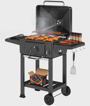 Outsunny XXL Houtskool Barbecue Tuinwagen Grill met Deksel, Aslade en Ventilatieroosters - 112cm Zwart