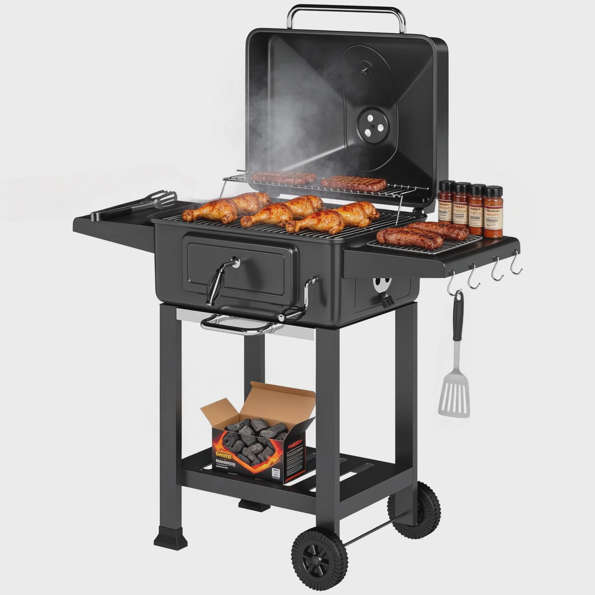 Outsunny XXL Houtskool Barbecue Tuinwagen Grill met Deksel, Aslade en Ventilatieroosters - 112cm Zwart