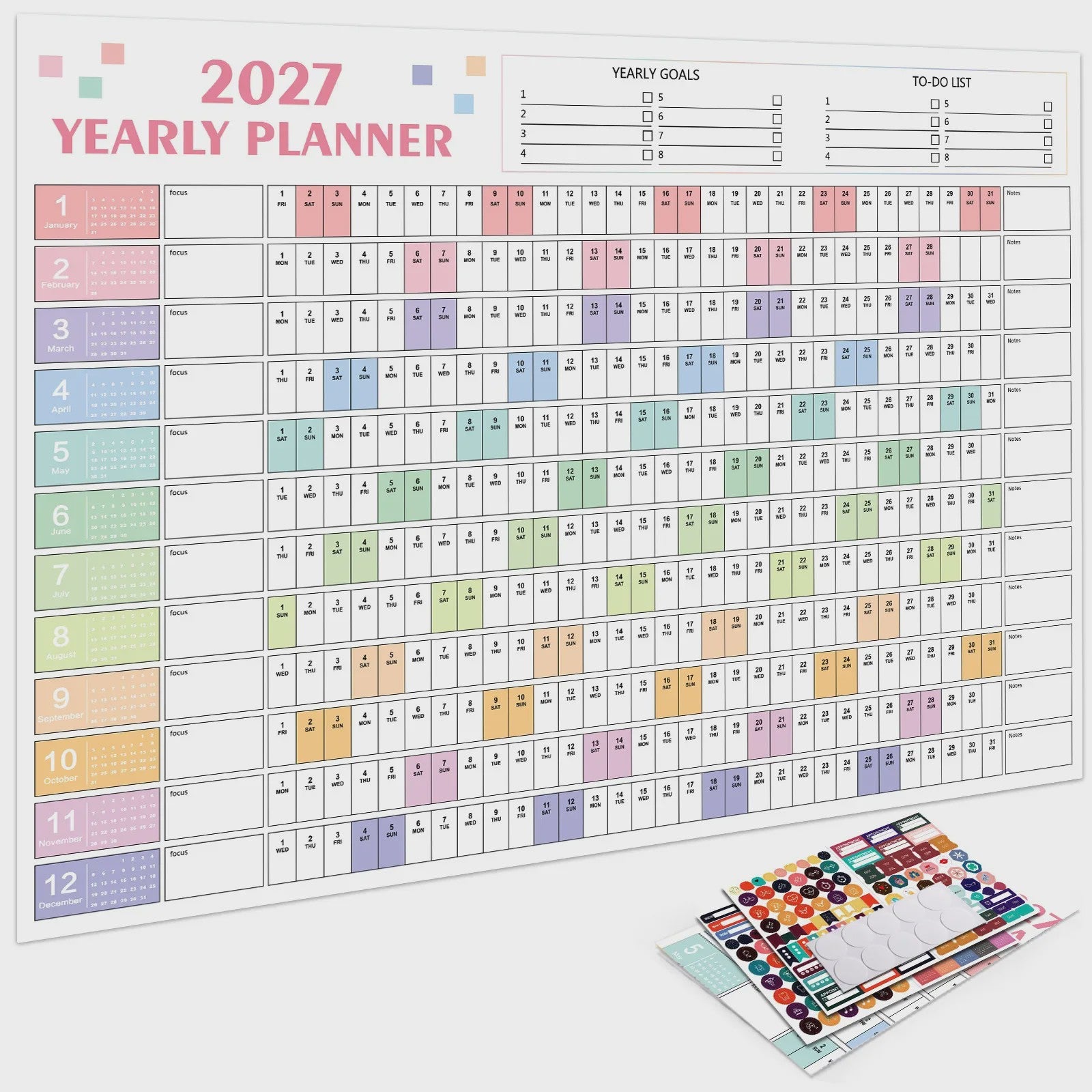 2027 Jaarplanner Kalender - Creatieve Wandkalender & Planner met Stickers