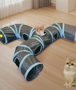 Uitgebreide 3-Weg Katten Tunnel Speelgoed met Speeltjes en Ontdekkingluiken