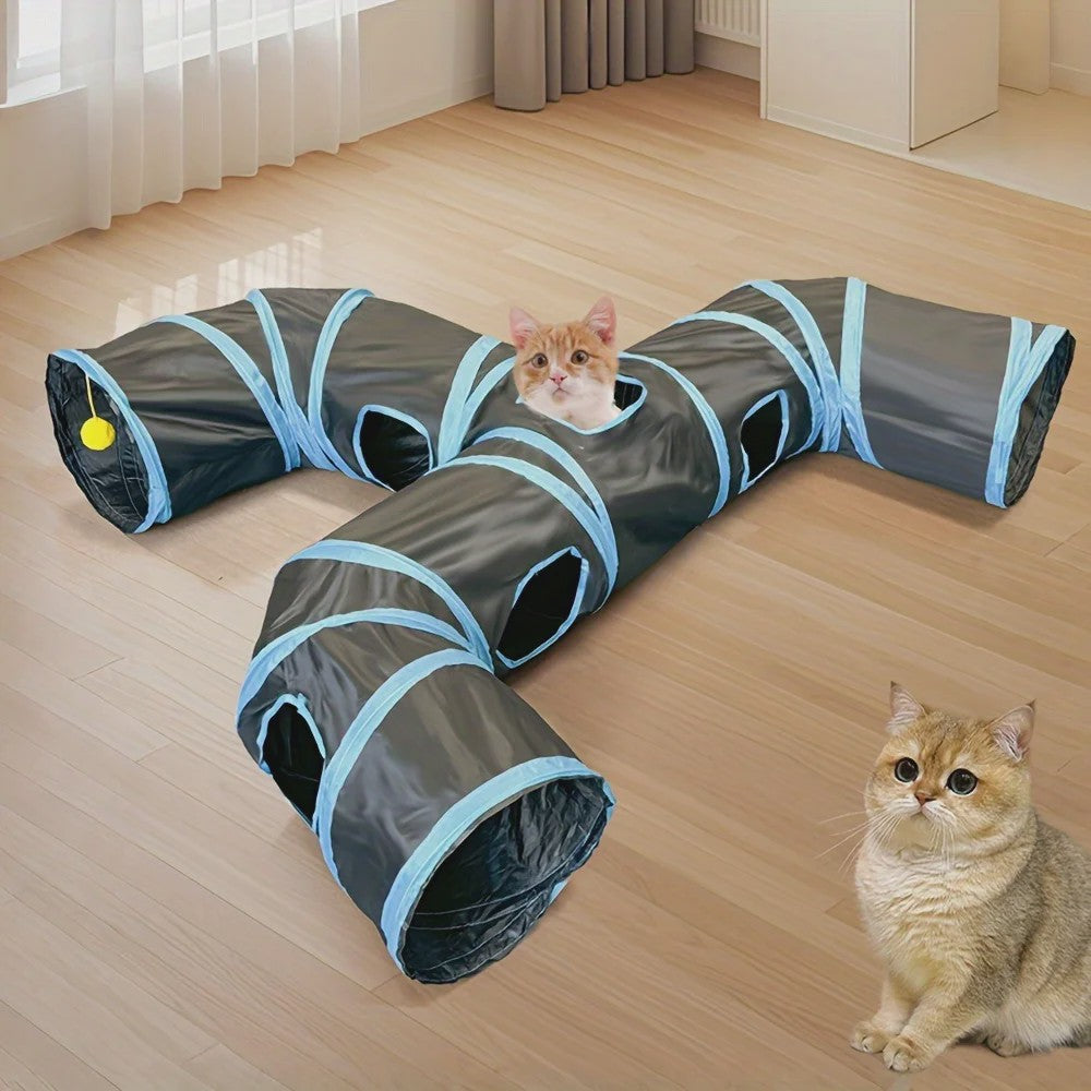 Uitgebreide 3-Weg Katten Tunnel Speelgoed met Speeltjes en Ontdekkingluiken