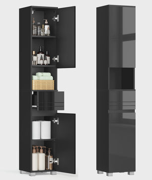 VASAGLE Hoge Badkamerkast met Lade, Open Vak en Verstelbare Planken - 30x30x170 cm