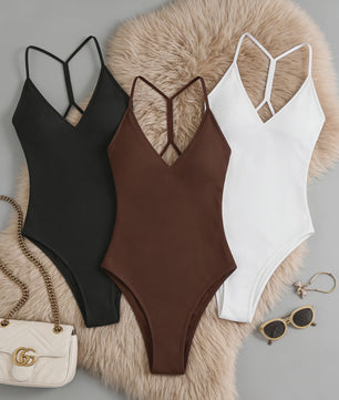 3-Pack Dames Bodysuit met V-hals en Gekruiste Bandjes op de Rug