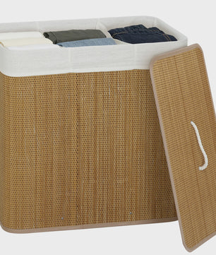 Homcom Bamboe Wasemmer met Deksel & 3 Vakken - 144L, Afneembare Voering, Handvatten - 60x40x60 cm