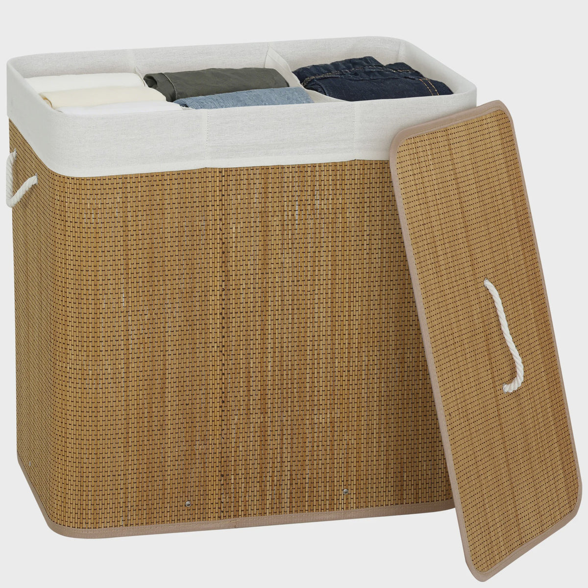 Homcom Bamboe Wasemmer met Deksel & 3 Vakken - 144L, Afneembare Voering, Handvatten - 60x40x60 cm