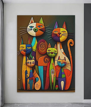Abstracte Katten Canvas Schilderij - Kleurrijk Cartoon Dieren Poster Kunst