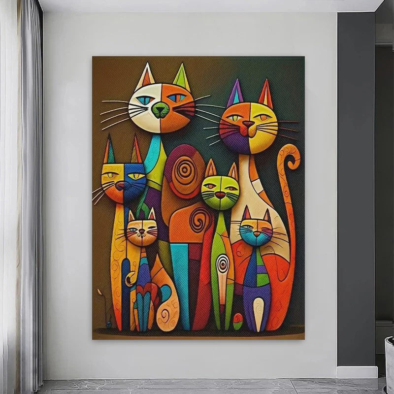 Abstracte Katten Canvas Schilderij - Kleurrijk Cartoon Dieren Poster Kunst