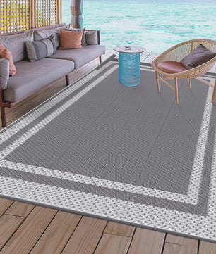 Outdoor Mat 6x9 ft met Grondpennen - Duurzaam PP, Grijs/Wit, voor Tuin, Camping & Strand
