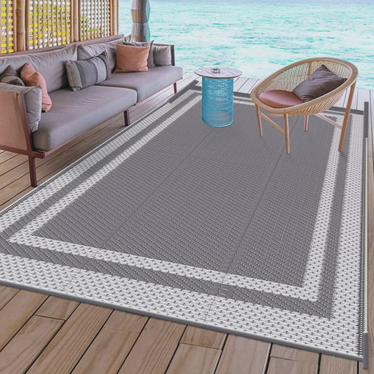 Outdoor Mat 6x9 ft met Grondpennen - Duurzaam PP, Grijs/Wit, voor Tuin, Camping & Strand