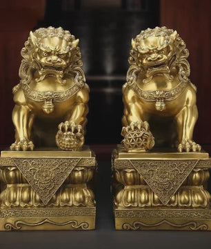 Set van 2 Koperen Feng Shui Leeuw Beeldjes - Symbool van Bescherming en Welvaart