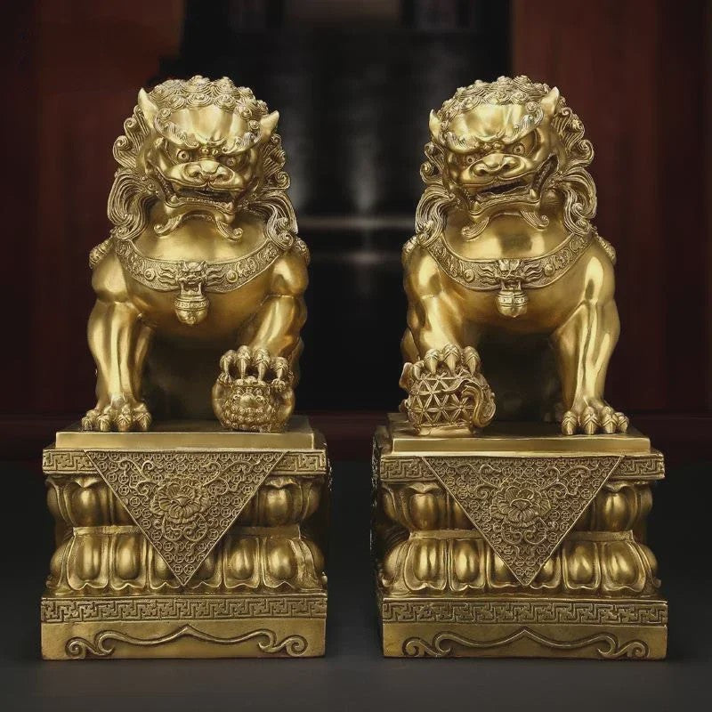 Set van 2 Koperen Feng Shui Leeuw Beeldjes - Symbool van Bescherming en Welvaart