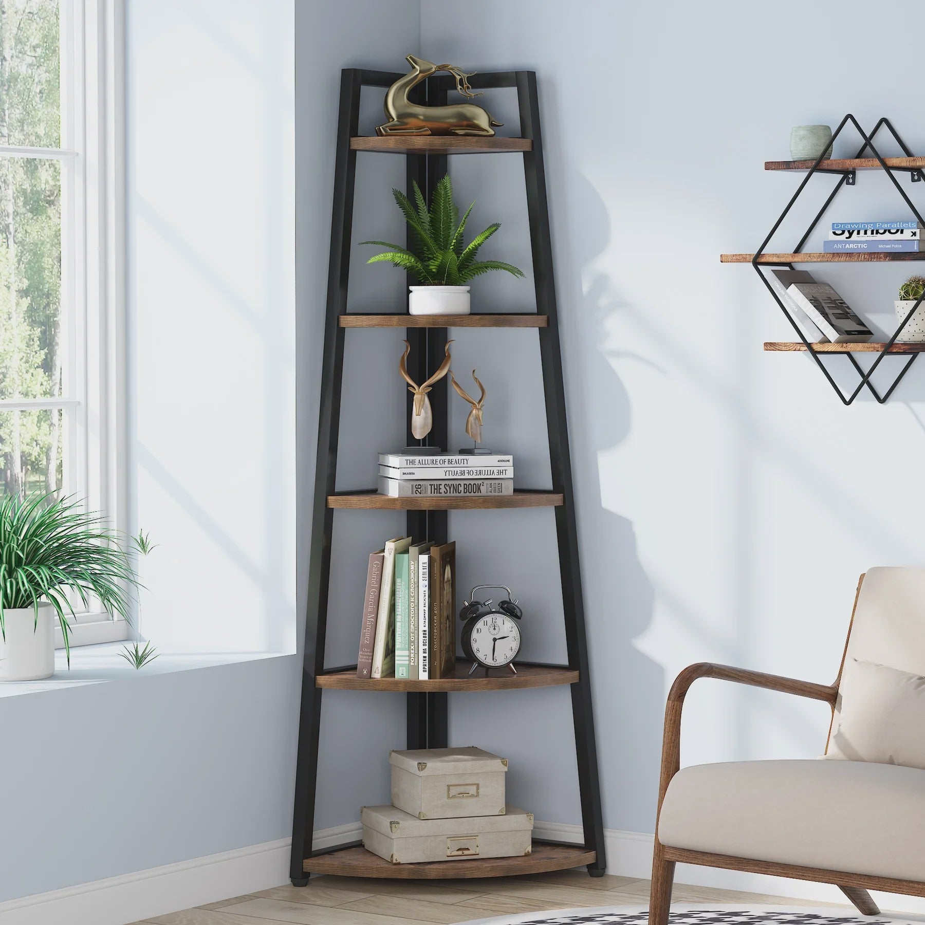Hoekboekenkast met 5 etages - Stijlvol Hout & Metaal Design