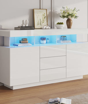 Moderne Dressoir 140cm Hoogglans Wit met LED Verlichting en 16 Kleuren