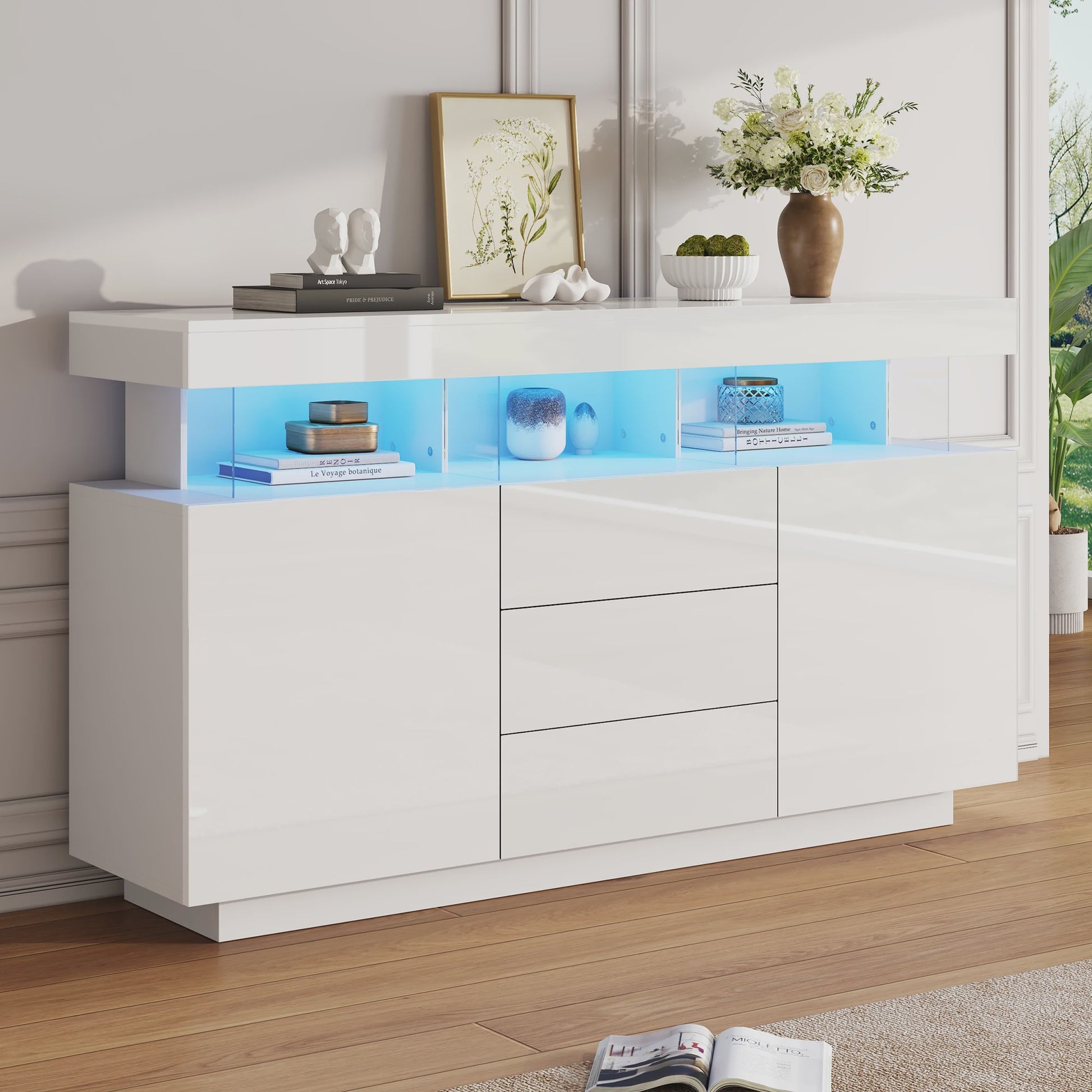 Moderne Dressoir 140cm Hoogglans Wit met LED Verlichting en 16 Kleuren
