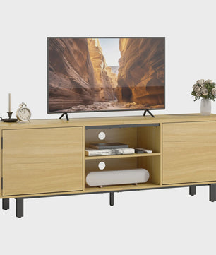 HOMCOM TV Meubel 160cm - Stijlvolle TV-kast met 2 deuren, open vakken & metalen poten - Geschikt voor TV's tot 65 inch - Naturel Hout